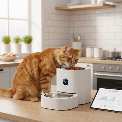 Gato comiendo del comedero automático inteligente