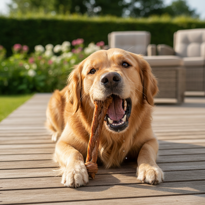 Perro feliz masticando snack dental natural
